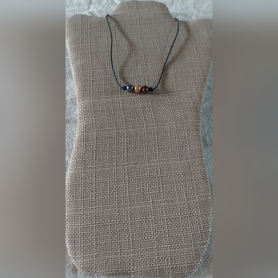Handmade Peacock, Peach & Brown Peacock Pearl & Black Leather Necklace